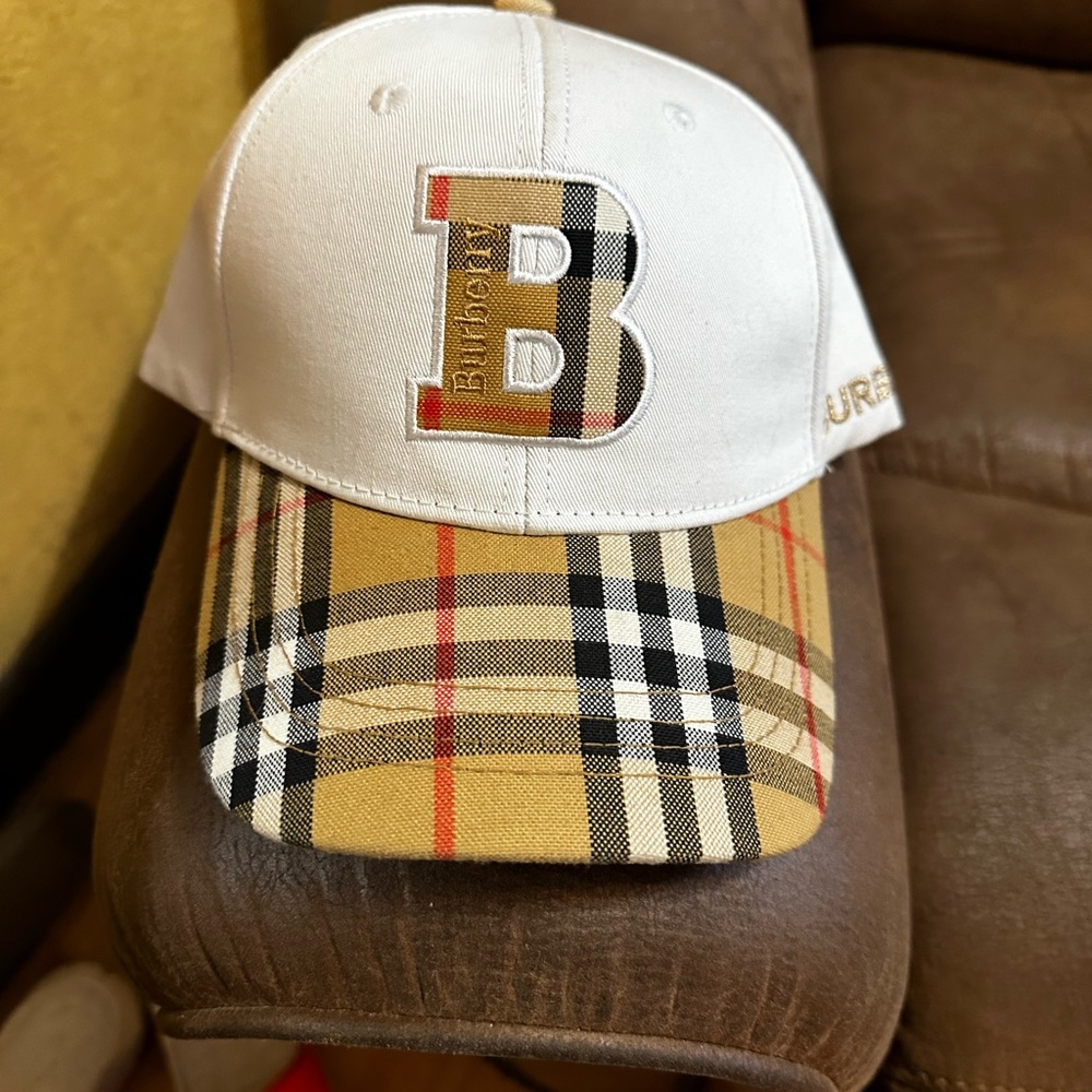 White Burberry Embroidered Monogram Logo Check Baseball Hat